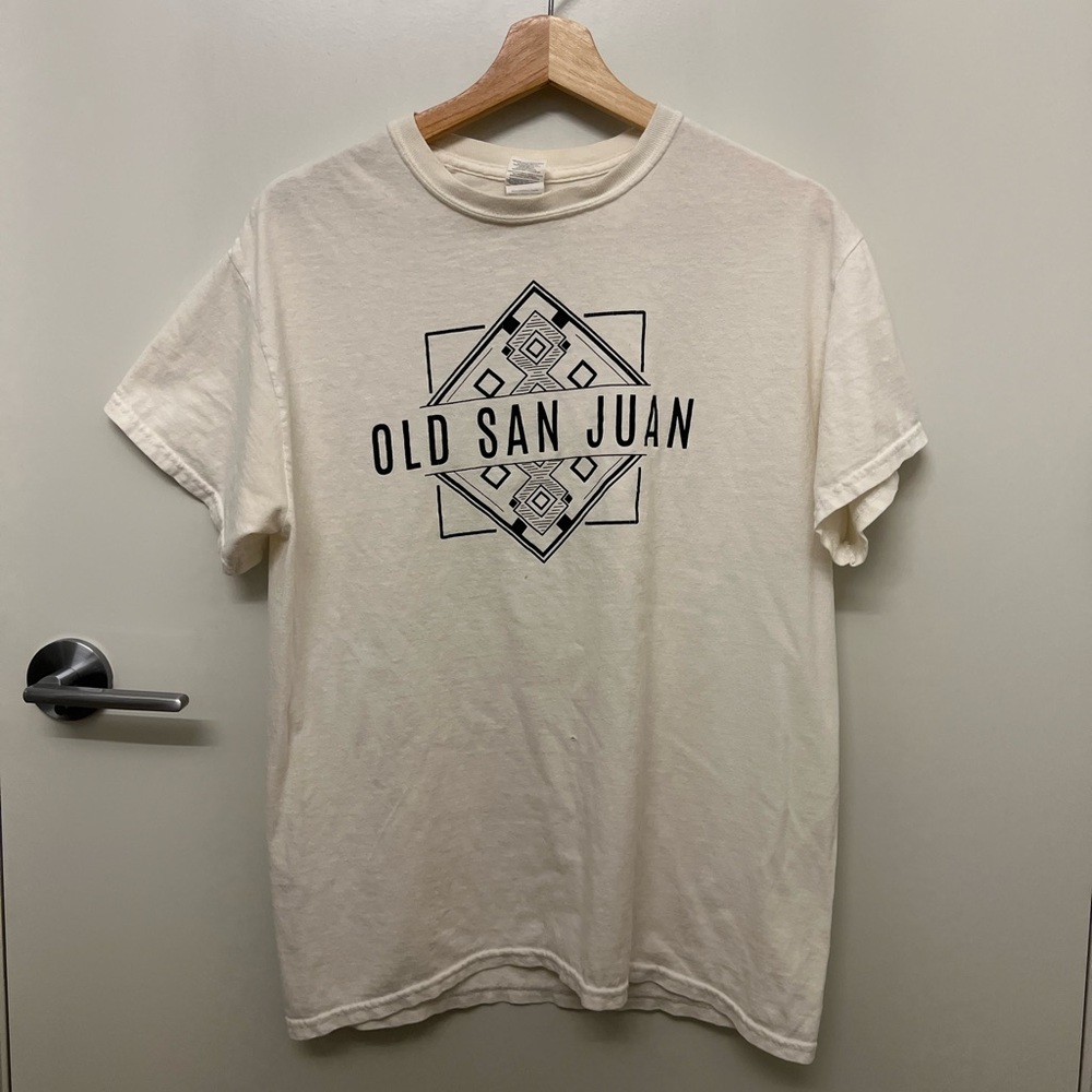 Gildan Old San Juan White Tribal Graphic Tee Size M — Small Hole & Stain